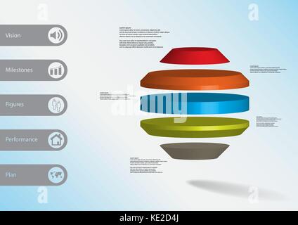 3D-Illustration Infografik Vorlage mit dem Motiv des runden Octagon horizontal zu fünf Farbdoppler-schnitten mit einfachen Zeichen und Text auf der Seite in Bars aufgeteilt. Stock Vektor