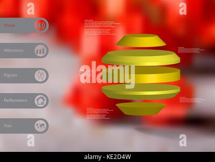 3D-Illustration Infografik Vorlage mit dem Motiv des runden Octagon horizontal zu fünf gelbe Scheiben mit einfachen Zeichen und Text auf der Seite in Bars aufgeteilt. Stock Vektor