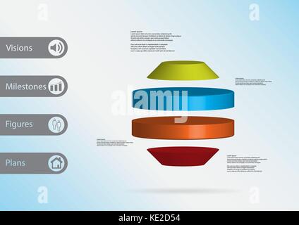 3D-Illustration Infografik Vorlage mit dem Motiv des runden Octagon horizontal zu vier Farbdoppler-schnitten mit einfachen Zeichen und Text auf der Seite in Bars aufgeteilt. Stock Vektor