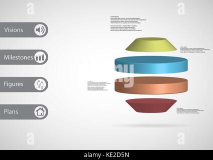 3D-Illustration Infografik Vorlage mit dem Motiv des runden Octagon horizontal zu vier Farbdoppler-schnitten mit einfachen Zeichen und Text auf der Seite in Bars aufgeteilt. Stock Vektor