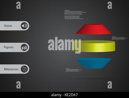 3D-Illustration Infografik Vorlage mit dem Motiv des runden Octagon horizontal in drei Schichten mit einfachen Zeichen und Text auf der Seite in Bars aufgeteilt. Stock Vektor