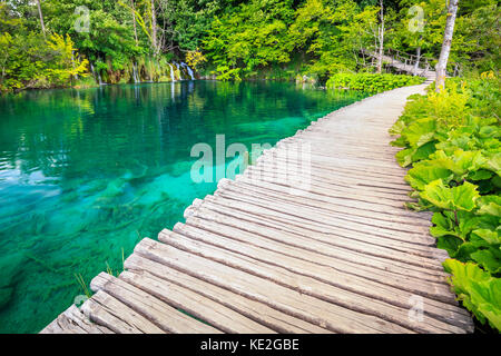 Wanderweg über blaue Wasser in der Nähe von Wasserfällen in einem grünen Wald. Plitvicer Seen, Kroatien Stockfoto