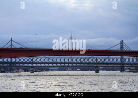 Belgrad brigdes über den Fluss Sava (Ada, gazela, die Alte und die Neue eisenbahnbrücken) während eines Winters nachmittag Bild der Fluss Sava, in Stockfoto