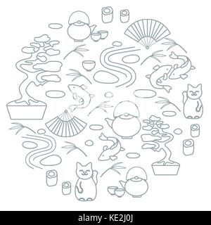 Cute Vector Illustration mit Bonsai, minimale Rock Garden, japanische Glückskatze Maneki Neko, Karpfen Koi und andere in einem Kreis angeordnet. Reise- und Le Stock Vektor