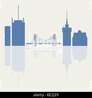 Silhouetten der Golden Gate, Hängebrücke und moderne Gebäude in den USA. hohe Gebäude, Wolkenkratzer und Brücke. Stock Vektor