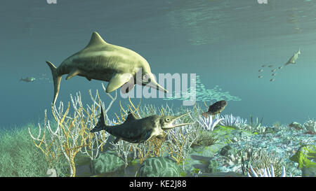 Ein Erwachsener und ein junger Jugendlicher stenopterygius ichthyosaur Jagd für Nahrung. Stockfoto