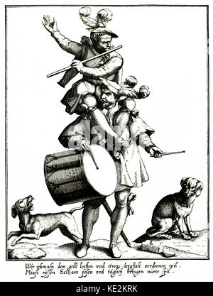 Die Musiker aus dem 16. Jahrhundert - Eine auf der anderen Schulter sitzt und spielt eine Holzflöte. Die ständigen Musiker ist baging einer Trommel. Zwei Hunde barks am Sound. Holzschnitt von Lorenz Strauch 1554-1636 Schlagzeuger. Flötist Stockfoto