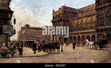 Staatsoper Wien - Seitenansicht des Gebäudes mit Pferd und Wagen auf den Straßen. Schlitten Stockfoto