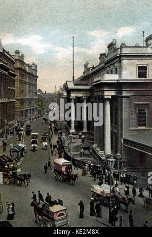 Das General Post Office, St Martins-le-Grand, London, UK - London Street mit Pferden und Kutschen, Menschen zu Fuß und Shopping. Postkarte. Post offiziell von Charles II. im Jahre 1660 gegründet. Stockfoto