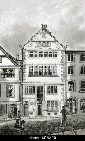 Ludwig van Beethovens Geburtshaus in Bonn. Deutsche Komponist, 17. Dezember 1770 - vom 26. März 1827. Zeitgenössischer Stich von C. Rordorf. Stockfoto