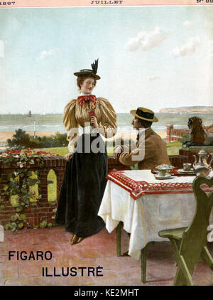 Liebespaar am Meer. Abdeckung des Figaro Illustré, nein. 88, Juli 1897. Frau trägt den typischen Outfit aus dem 19. Jahrhundert, mit einer Bluse mit hammelkeule Ärmel, und einen Hut. Sie hält eine Rose in der Hand als der Mann, Sitz, schaut sie an. Er trägt auch einen Hut. Abbildung von Adrien Moreau (Französische Maler, 18. April 1843 - vom 22. Februar 1906). Stockfoto