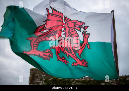 Walisische Flagge weht im Wind Stockfoto