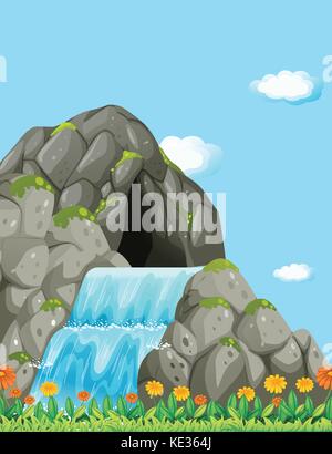 Szene mit Wasserfall und Feld Abbildung Stock Vektor