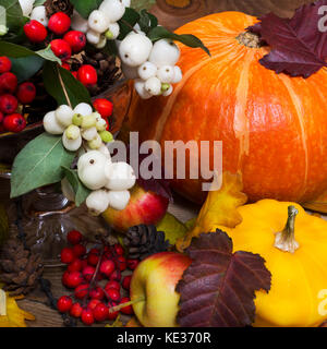 Thanksgiving oder Herbst Hintergrund mit snowberry und Vogelbeeren, orange Kürbis, gelb Squash Stockfoto