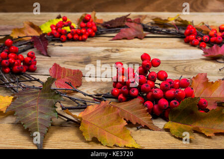Herbst Tür Kranz mit bunten Blättern und rote reife Vogelbeeren auf der rustikalen Holzmöbeln Hintergrund Stockfoto