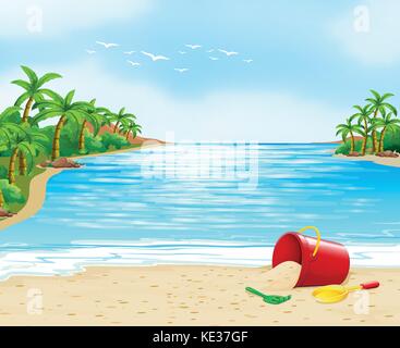 Mit Blick auf den Ozean und die Schaufel auf dem Sand Abbildung Stock Vektor