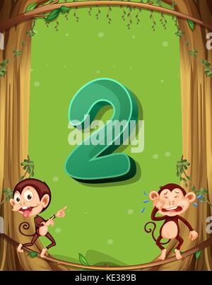 Nummer zwei mit 2 Affen auf dem Baum Abbildung Stock Vektor