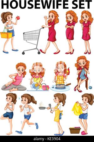 Hausfrau dabei verschiedene Aktivitäten Abbildung Stock Vektor