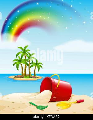 Mit Blick auf den Ozean und Spielzeug auf dem Sand Abbildung Stock Vektor