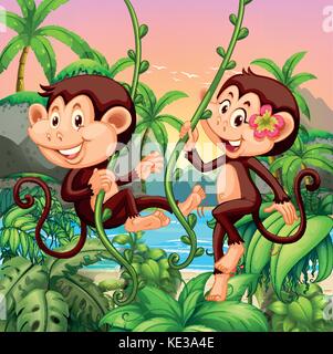 Zwei Affen auf der Insel lebende Abbildung Stock Vektor