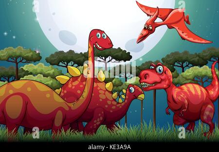 Red Dinosaurier unter Vollmond in der Natur Abbildung Stock Vektor