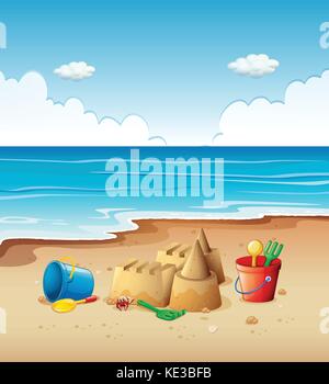 Ozean Szene mit Spielzeug am Strand Abbildung Stock Vektor