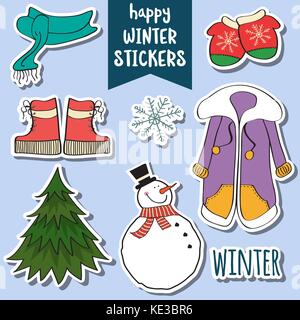 Schöne happy winter Aufkleber Sammlung Stock Vektor