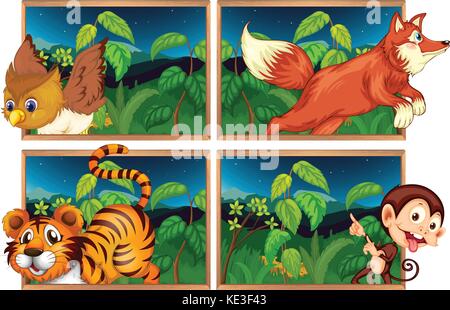 Vier Wald Szenen mit wilden Tieren Abbildung Stock Vektor
