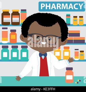 Apotheker, der an der Apotheke mit verschreibungspflichtigen Medikamenten steht. Drogeriemärkte medizinisches Personal vor Medikamenten und Pillen. Vektorabbildung Stock Vektor