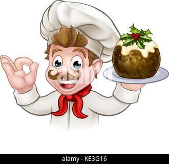 Ein Koch Zeichentrickfigur Holding a Christmas Pudding und dabei eine perfekte Geste Stock Vektor