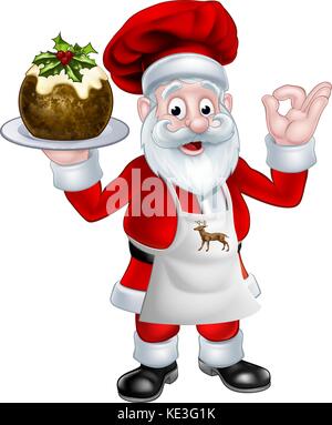 Santa in Chef gewand Holding a Christmas Pudding und dabei eine perfekte Geste Stock Vektor