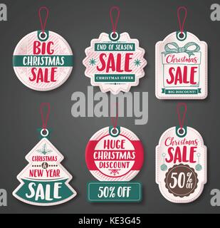 Weihnachten Sonderangebot tags Vektor mit verschiedenen Rabatt Text und Formen des weißen Papiers label hängen für Saison Förderung eingestellt. Stock Vektor