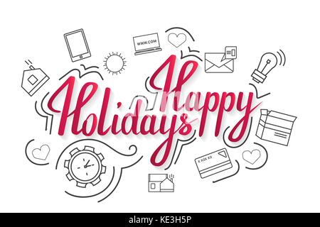Der handschriftliche Ausdruck Fröhliche Feiertage auf blauem Hintergrund mit Symbolen. Stock Vektor