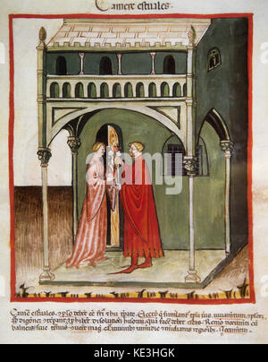 Tacuinum sanitatis. 14. Jahrhundert, mittelalterliche Handbuch der Gesundheit. Ein Mann gibt einen Blumenstrauß zu seiner Frau neben dem Zimmer des Sommer. Miniatur, Folio 97 r. Stockfoto