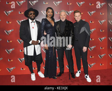 Will.i.am, Jennifer Hudson, Tom Jones, Olly murs und Emma Willis an Dock 10 in Media City Großbritannien für die Voice uk Photocall, Manchester Stockfoto