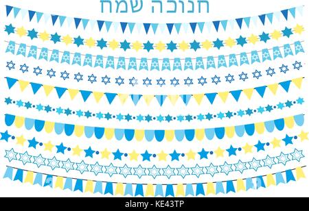 Happy Chanukka Satz von Girlanden, wimpelketten, Fahnen. Sammlung der Designelemente, Dekorationen für einen jüdischen Feiertag. auf weißem Hintergrund. Vector Illustration. Stock Vektor