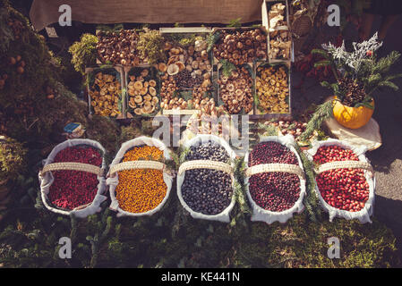 Verschiedene Arten von Berg Früchte und Pilze in Körben auf dem Markt. Im Herbst ernten Stockfoto