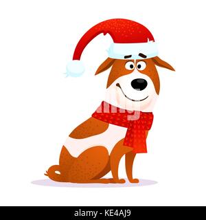 Lustige cartoon Hund. Flache Charakter. Welpen von Jack Russell Terrier isoliert auf weißem Hintergrund. Gut für Weihnachten und das neue Jahr 2018. Doggy tragen Santa Claus hat. Weihnachten Vector Illustration. Stock Vektor