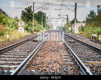 Die elektrische Bahn Anschluss des Tyne und Wear metro bei East Boldon, England. Stockfoto