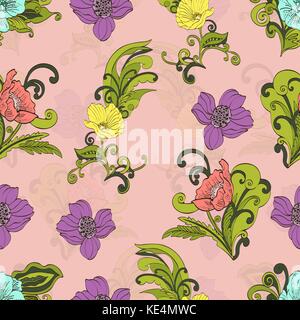 Abstrakte Blumen nahtlose Muster, Vektor floral background, Cartoon von Hand gezeichnet, exquisite elegante Verzierung. bunten Knospen, Blüten, Stängel, Blätter ein Stock Vektor