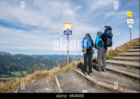 Wanderer stehen neben Warnschildern auf dem Weg von der Moeserbahn-Bergstation zum Fellhorn im Kleinwalsertal/Vorarlberg. Stockfoto