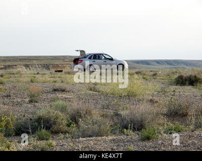Auto in der Steppe. Rest an Natur. Kasachstan. Stockfoto