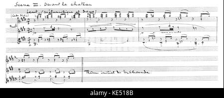 Claude Debussys Oper "Pelléas et Mélisande". Handschriftliche Partitur von Szene III, "Vor der Burg". Premiere Opéra-Comique, Paris, 30. April 1902. Debussy, der französische Komponist, 22. August 1862 - 25. März 1918. Stockfoto