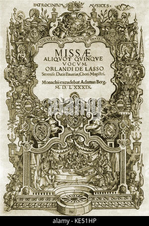 Orlando Lassus - Titelseite des Fünften Masse, die von dem franko-flämischen Komponisten. Von seinem "Patrocinium Musices", München, 1589. Holzschnitt, die Musiker spielen in Consort, runder Tisch, von partbooks. Laute, Viola, Violine, Cembalo, Flöte, Cornetto, Geigen. OL: C. 1532 - 14. Juni 1594. Orlande de Lassus. Orlandus Lassus. Orlando di Lasso. Roland Delattre. Stockfoto