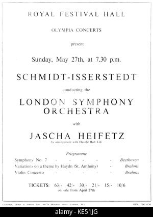 Jascha Heifetz - Plakat für ein Konzert, in dem der Litauischen amerikanische Geigerin mit dem London Symphony Orchestra in der Royal Festival Hall, London, England durchgeführt. Dirigent: Schmidt - isserstedt. JH: 2 Februar 1901 - 10. Dezember 1987. Stockfoto