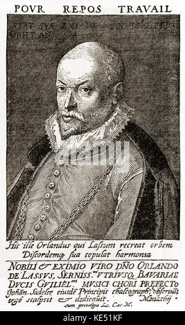 Orlando Lassus - Portrait der franko-flämischen Komponisten der späten Renaissance. Kupferstich von Amelingue. OL: C. 1532 - 14. Juni 1594. Auch als Roland de Lassus, Roland Delattre, Orlande de Lassus, Orlando di Lasso bekannt. Mit dem Spitznamen "Die belgische Orpheus' (Orfeo, Orphée) und "Fürst der Musik'. Stockfoto