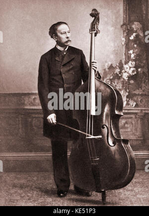 Giovanni Botetesini - der Italienische 3 string Virtuose, Dirigent und Komponist neben diesem Kontrabass. 2. Dezember 1821 - vom 7. Juli 1889. Von einem Foto von Walery, London. Stockfoto