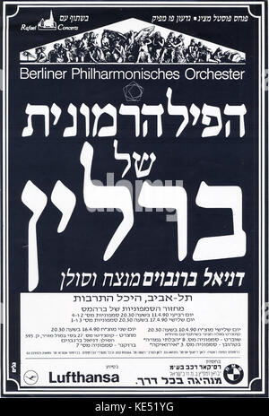 Plakat für Daniel Barenboim Durchführung der Berliner Philharmoniker in Tel Aviv auf hechal HaTarbut, 2 Aufführungen Brahms' April 1990. Hersteller Pinchas Postel und Gidon Paz. Hebräisch schreiben. Stockfoto