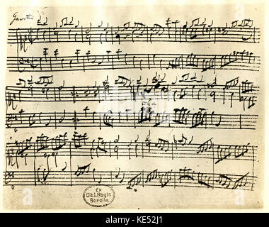 Johann Sebastian Bachs handgeschriebene Manuskript Kerbe für die gavotte der französischen Suite Nr. 5 in G-Dur. BWV 816. JSB, Deutscher Komponist: 21. März 1685 - vom 28. Juli 1750. Stockfoto