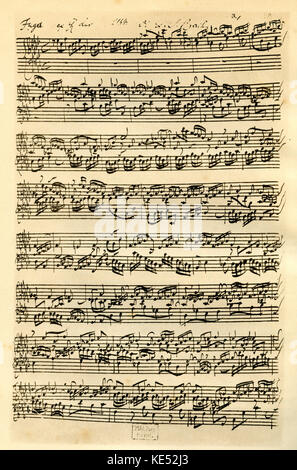 Johann Sebastian Bachs handgeschriebene Manuskript Score für seine Fuge in einer Wohnung aus dem zweiten Buch der '48'. JSB, Deutscher Komponist: 21. März 1685 - vom 28. Juli 1750. Stockfoto